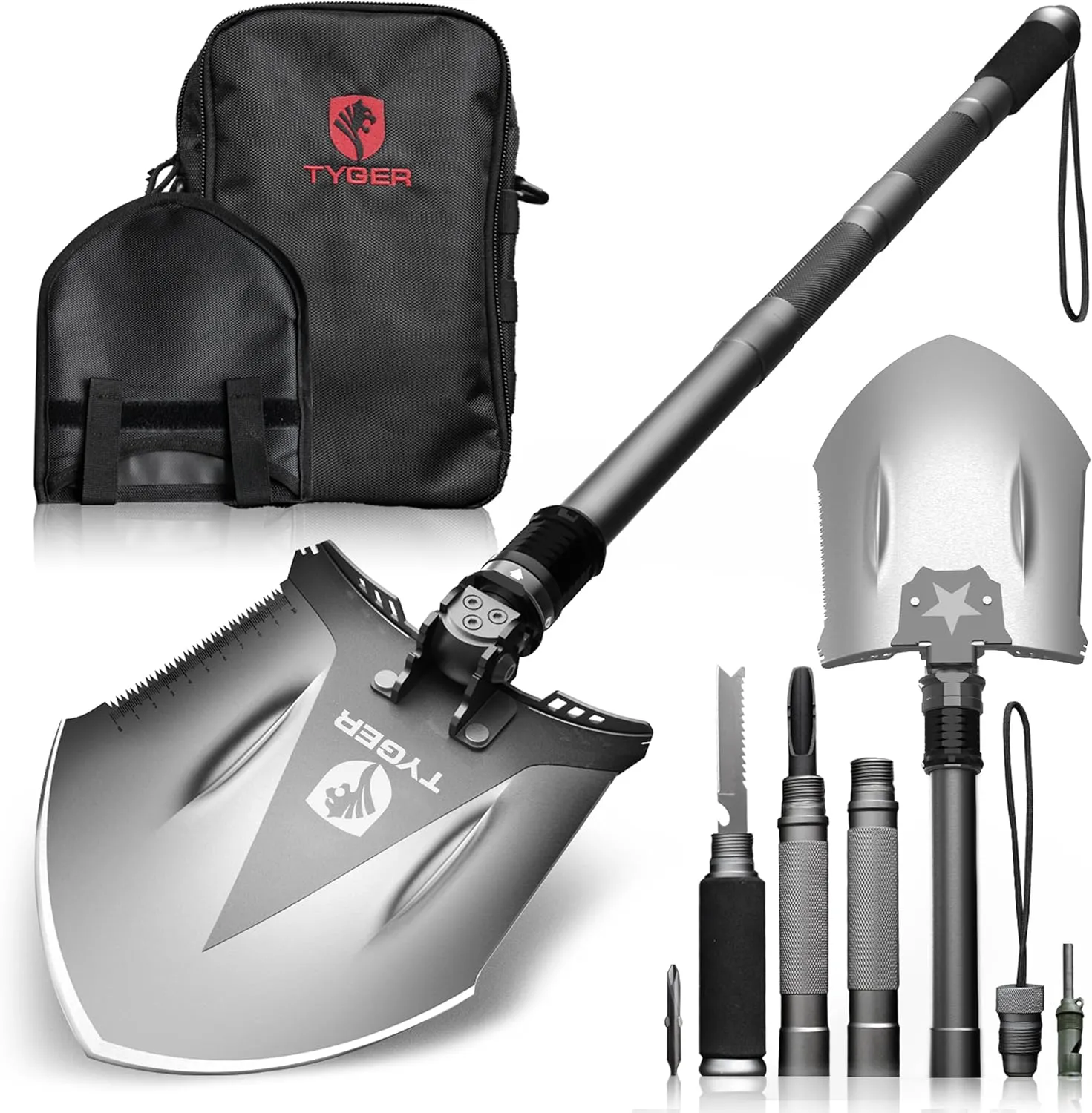 Tyger Auto Folding Shovel TG-SV8U3217 Military Heavy Duty Survival Shovel 16-in-1 Multitool Compact Camp Shovel with Bag for Camping, Hiking, Off-Roading, Outdoor, Tactical, Emergency