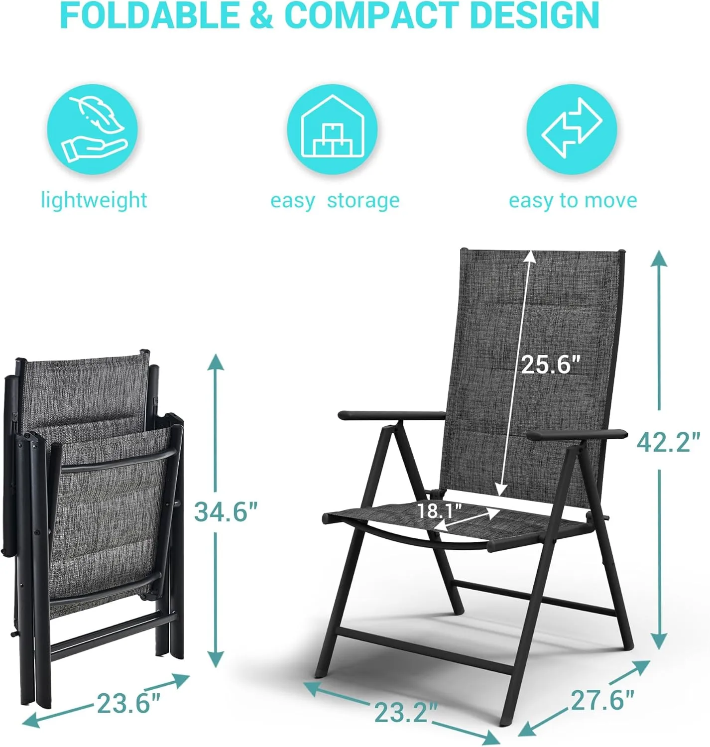 UDPATIO Patio Folding Dining Chairs Set of 2, Folding Lawn Chairs for Adults with Padded All Weather Breathable Textilene, Portable Folding Chairs with Steel Frame, No Assembly, Dark Grey