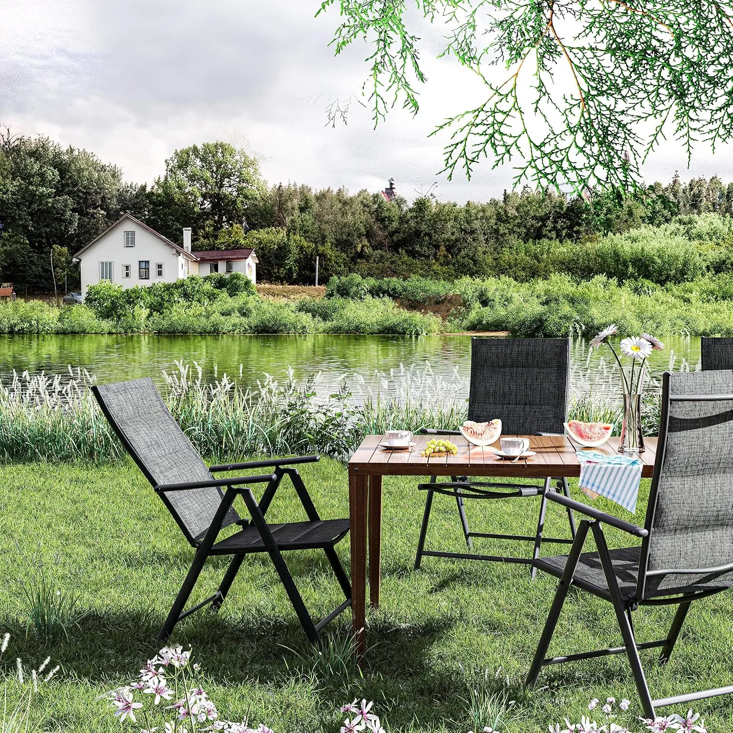 UDPATIO Patio Folding Dining Chairs Set of 2, Folding Lawn Chairs for Adults with Padded All Weather Breathable Textilene, Portable Folding Chairs with Steel Frame, No Assembly, Dark Grey