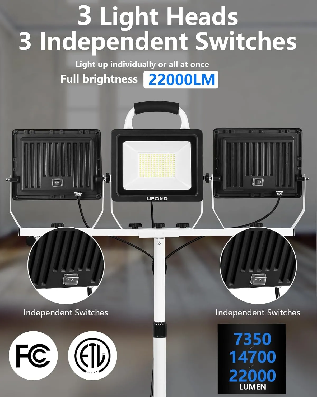 UFOND 22000 Lumen LED Work Light with Stand,3 Head Portable Work Lights with Individual Switch,Waterproof Work Lamp, Adjustable Metal Telescoping Tripod with Power Cord