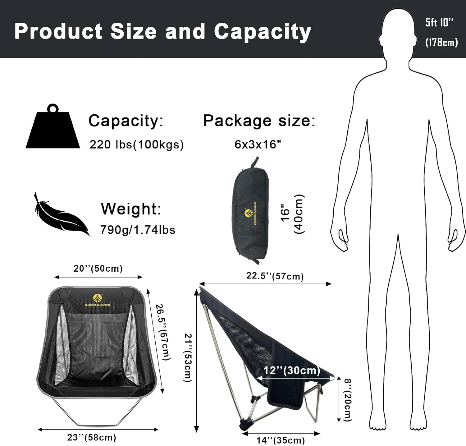 Ultralight Folding Camping Chair Low Lightweight Foldable Camp Chairs with Carry Bag for Hiking, Backpacking, Picnic, Outdoor Concert, Sports Events, Beach