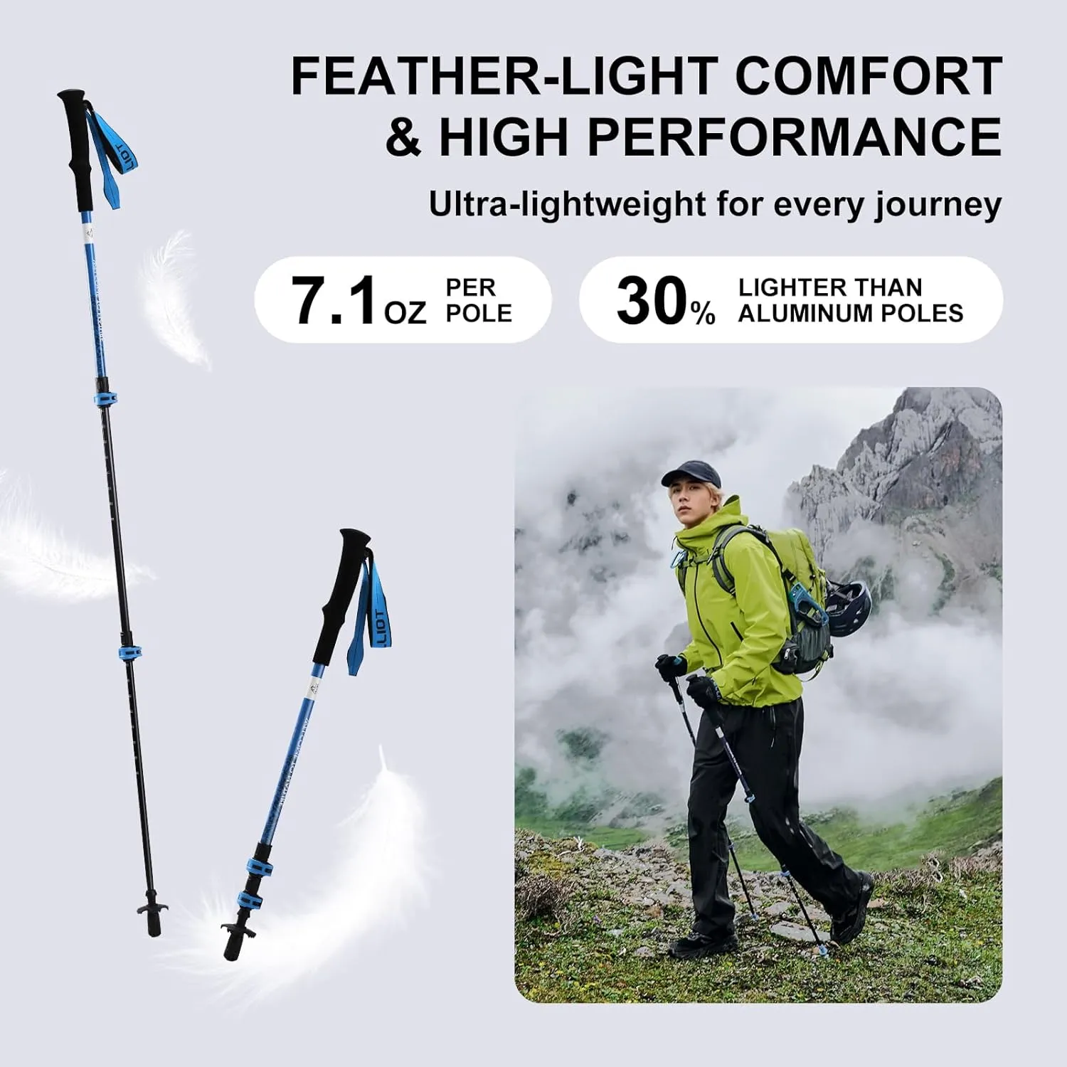 Ultralight Trekking Pole Carbon Fiber & Aluminum Alloy Hiking Pole 3-Section Telescopic Hiking Stick with EVA Foam Grips Adjustable Walking Stick for Hiking