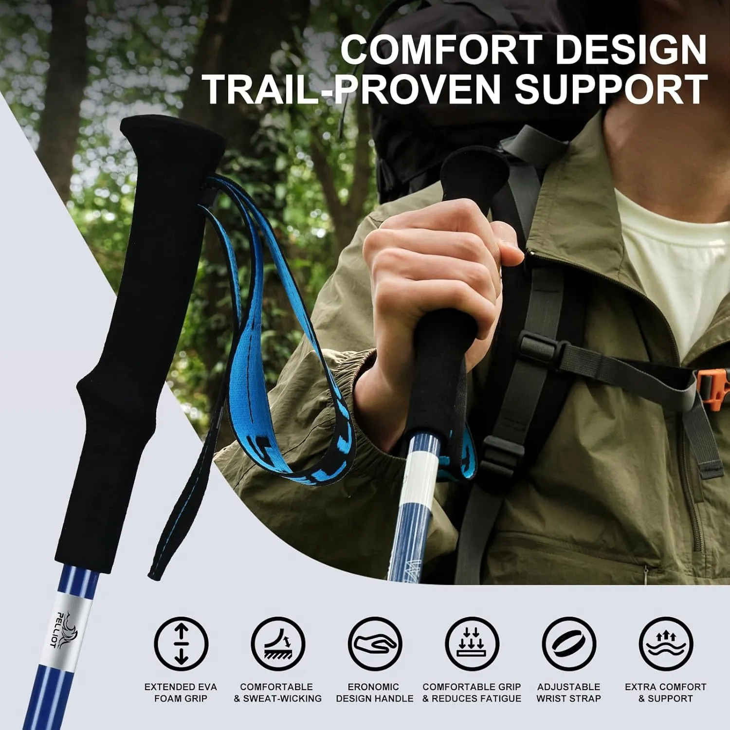 Ultralight Trekking Pole Carbon Fiber & Aluminum Alloy Hiking Pole 3-Section Telescopic Hiking Stick with EVA Foam Grips Adjustable Walking Stick for Hiking