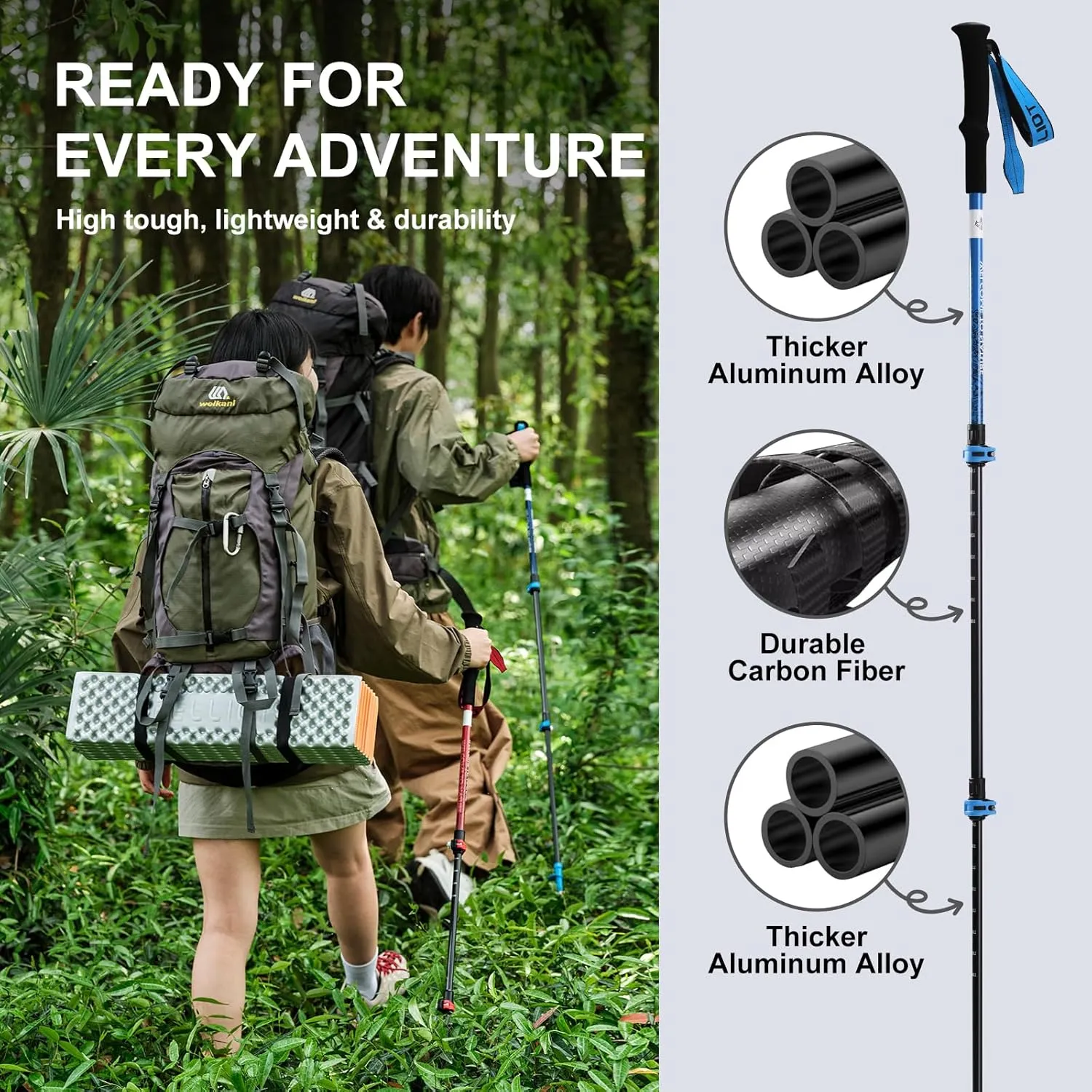 Ultralight Trekking Pole Carbon Fiber & Aluminum Alloy Hiking Pole 3-Section Telescopic Hiking Stick with EVA Foam Grips Adjustable Walking Stick for Hiking