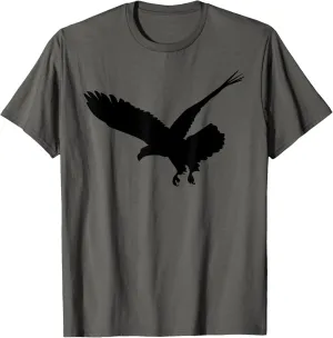 Unisex Adult Grey Small Classic Fit Short Sleeve T-Shirt with Unique Graphic Art of Black Flying Eagle Bird Silhouette