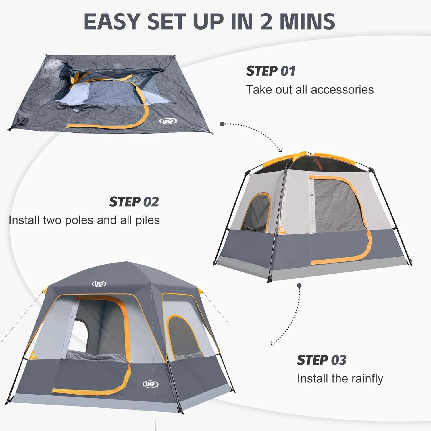 UNP 2/4/6/8 Person Tent, Portable Cabin Tent, Camping Tent 4-Person Easy Set Up, Waterproof with Top Rainfly for Outdoor Camping/Hiking