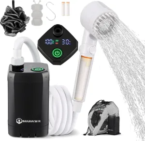 Upgrade Portable Camping Shower, 6000mAh Rechargeable Electric Shower Pump with Intelligent Digital Display Multiple Spray Modes Filtered Shower Head with Handheld for Outdoor Hiking, Travel