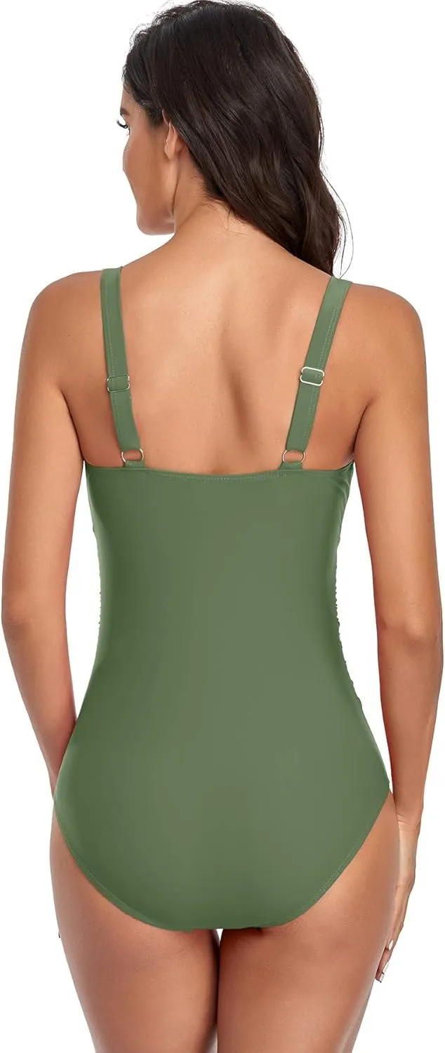 Upopby Women’s One Piece Tummy Control Swimsuit Ruched Slimming Swimwear Padded Scoop Neck Plus Size Bathing Suit Beachwear