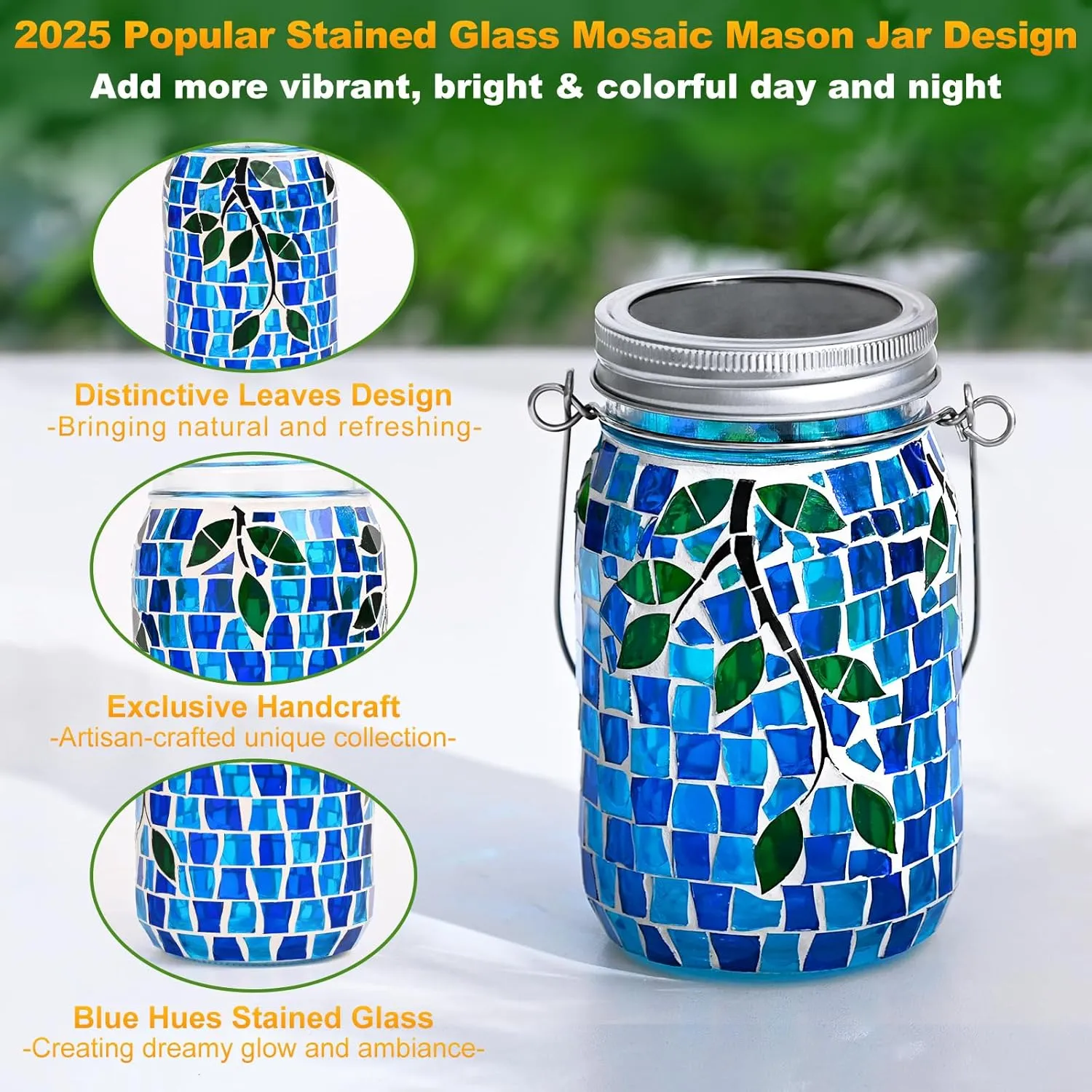Uspring 2 Pack Mosaic Solar Lanterns Outdoor Waterproof Garden Decor Stained Glass Hanging Solar Jar Lights Gifts for Women Mom Grandma Handmade Outdoor Lantern Lamp for Patio Porch Yard Table