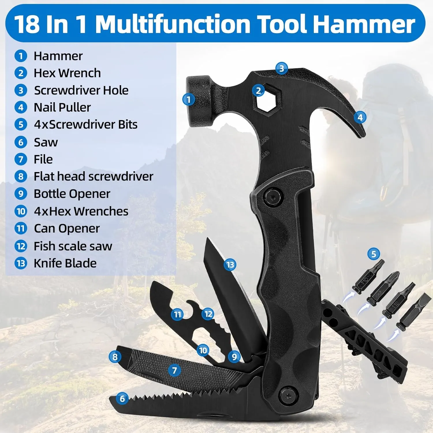 Valentines Day Gifts for Men, Hammer Multitool 18 in 1 Christmas Gifts for Dad Husband Boyfriend Camping Accessories Survival Gear Multi Tool with Nylon Case Cool Gadgets Unique Birthday Gifts Ideas