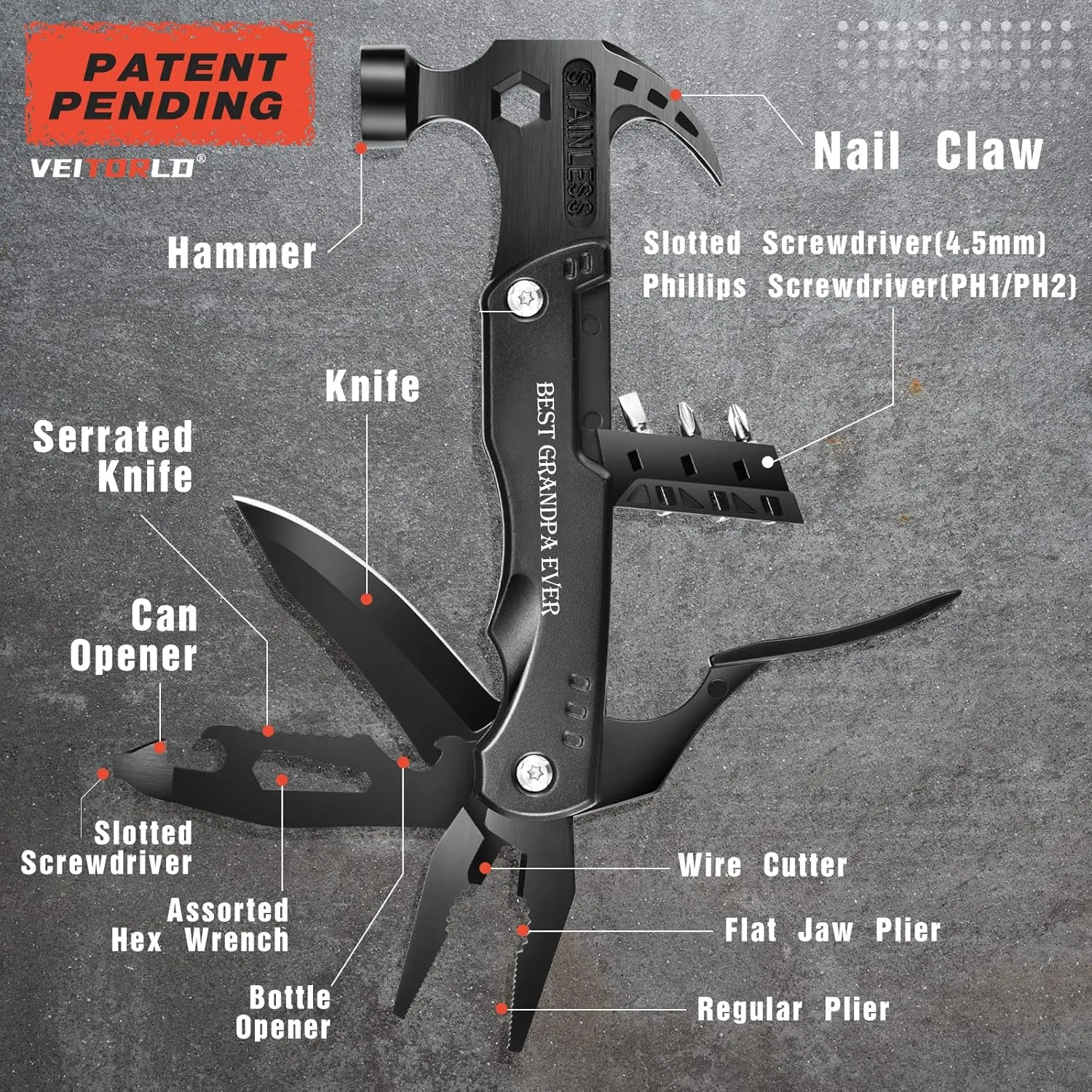 VEITORLD All in One Tools Hammer Multitool, Father's Day, Grandpa Gifts for Dad Papa, Unique Birthday Gift Ideas for Grandfather Men Him from Grandchildren Kids, Cool Camping Accessories Gadgets
