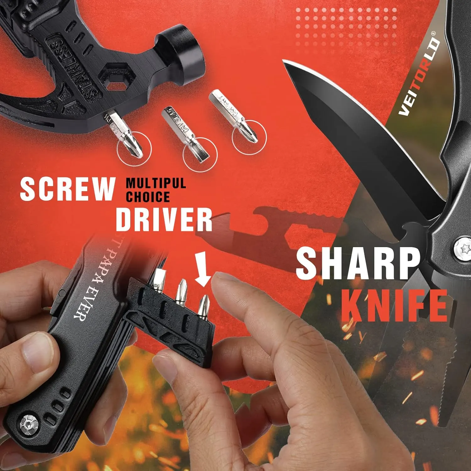VEITORLD Gifts for Papa, Father's Day, Unique Birthday Gift Ideas for Papa Men Dad from Wife Daughter Son, All in One Survival Tools Hammer Multitool, Cool Gadgets Presents, Camping Accessories
