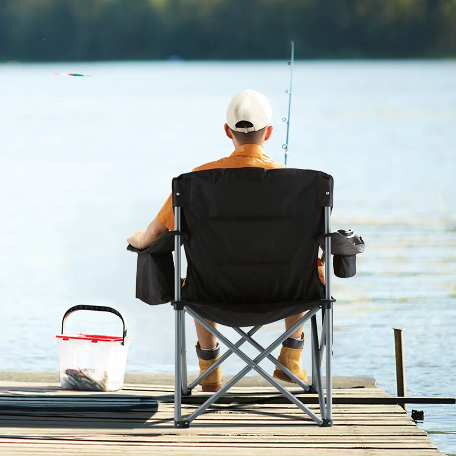 VEVOR Camping Folding Chair for Adults - Portable Heavy Duty Outdoor Quad Lumbar Back Padded Arm Chairs with Side Pockets, Cup Holder and Cooler Bag for Beach, Lawn, Picnic, Fishing, Backpacking - Black
