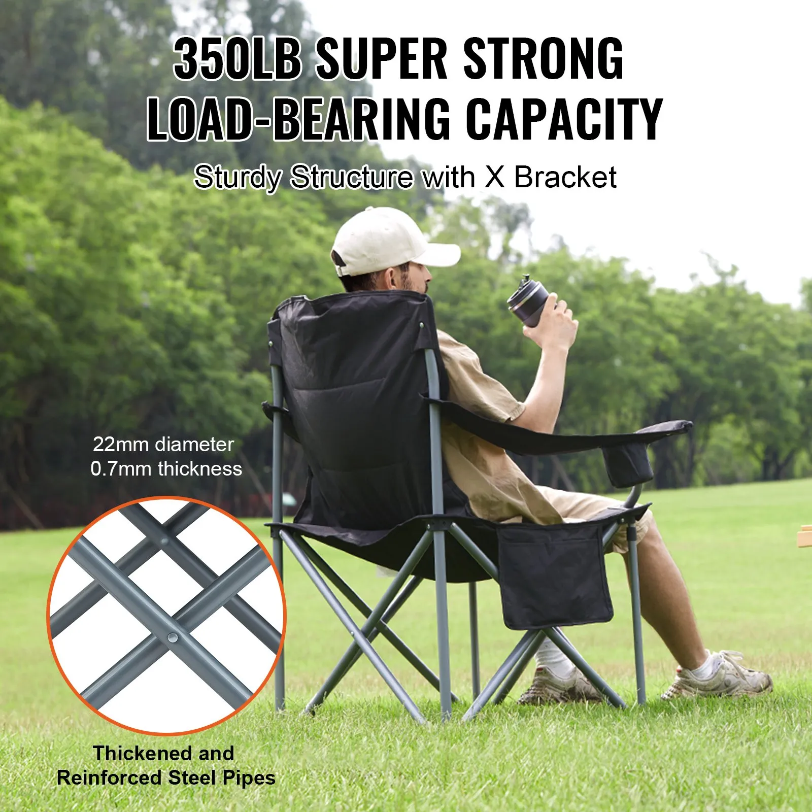 VEVOR Camping Folding Chair for Adults - Portable Heavy Duty Outdoor Quad Lumbar Back Padded Arm Chairs with Side Pockets, Cup Holder and Cooler Bag for Beach, Lawn, Picnic, Fishing, Backpacking - Black