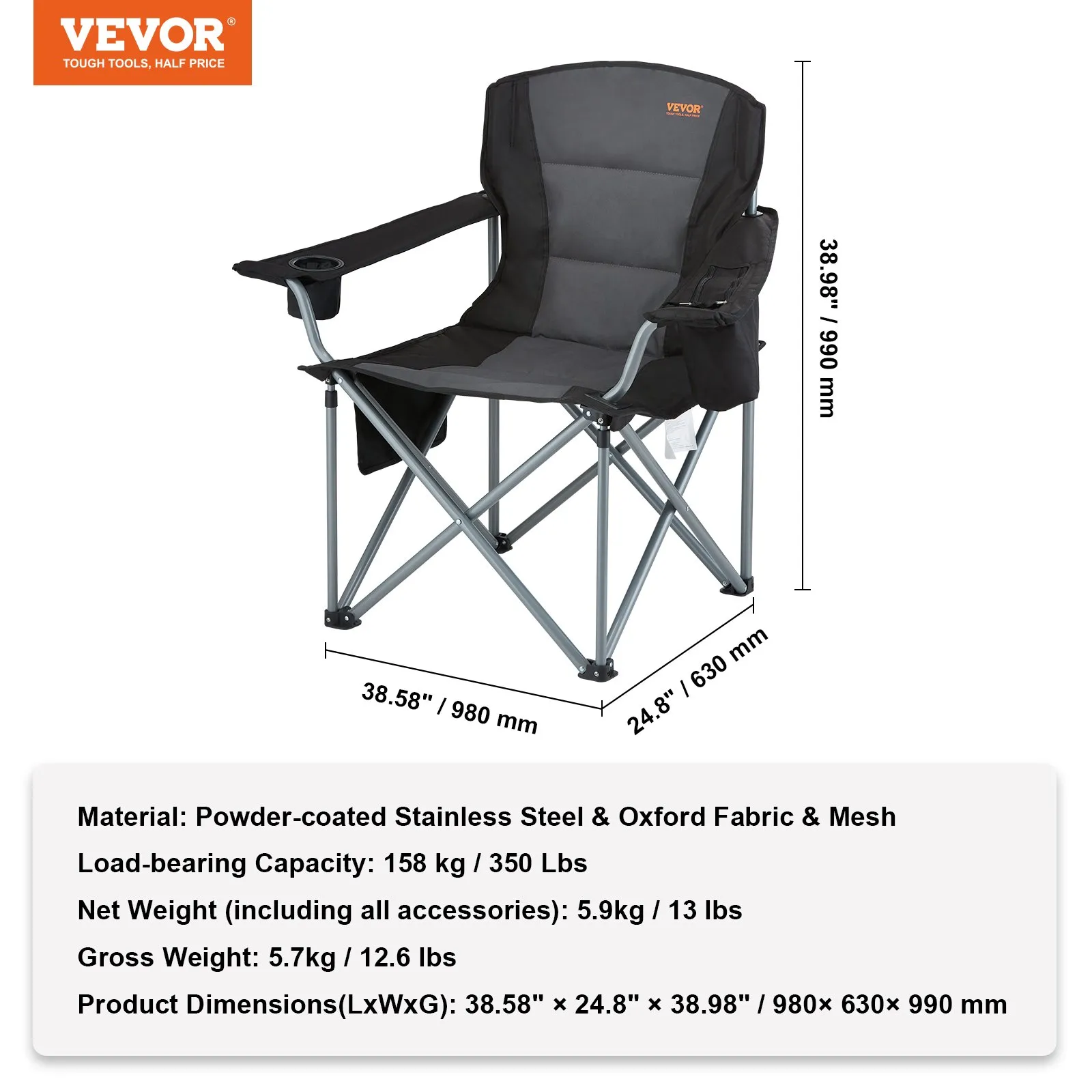 VEVOR Camping Folding Chair for Adults - Portable Heavy Duty Outdoor Quad Lumbar Back Padded Arm Chairs with Side Pockets, Cup Holder and Cooler Bag for Beach, Lawn, Picnic, Fishing, Backpacking - Black