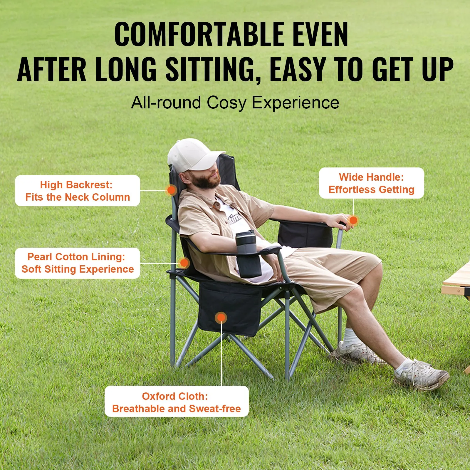 VEVOR Camping Folding Chair for Adults - Portable Heavy Duty Outdoor Quad Lumbar Back Padded Arm Chairs with Side Pockets, Cup Holder and Cooler Bag for Beach, Lawn, Picnic, Fishing, Backpacking - Black
