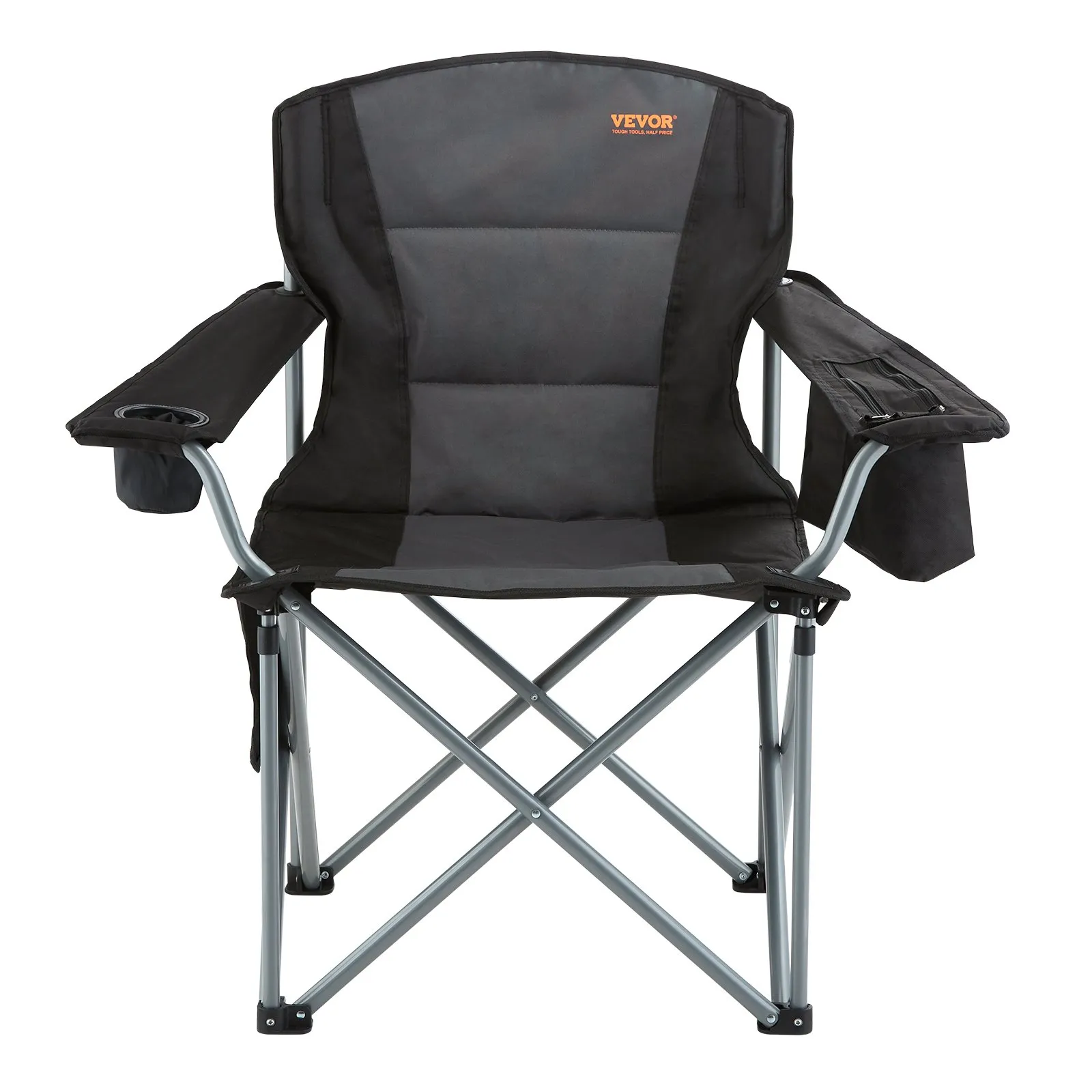 VEVOR Camping Folding Chair for Adults - Portable Heavy Duty Outdoor Quad Lumbar Back Padded Arm Chairs with Side Pockets, Cup Holder and Cooler Bag for Beach, Lawn, Picnic, Fishing, Backpacking - Black