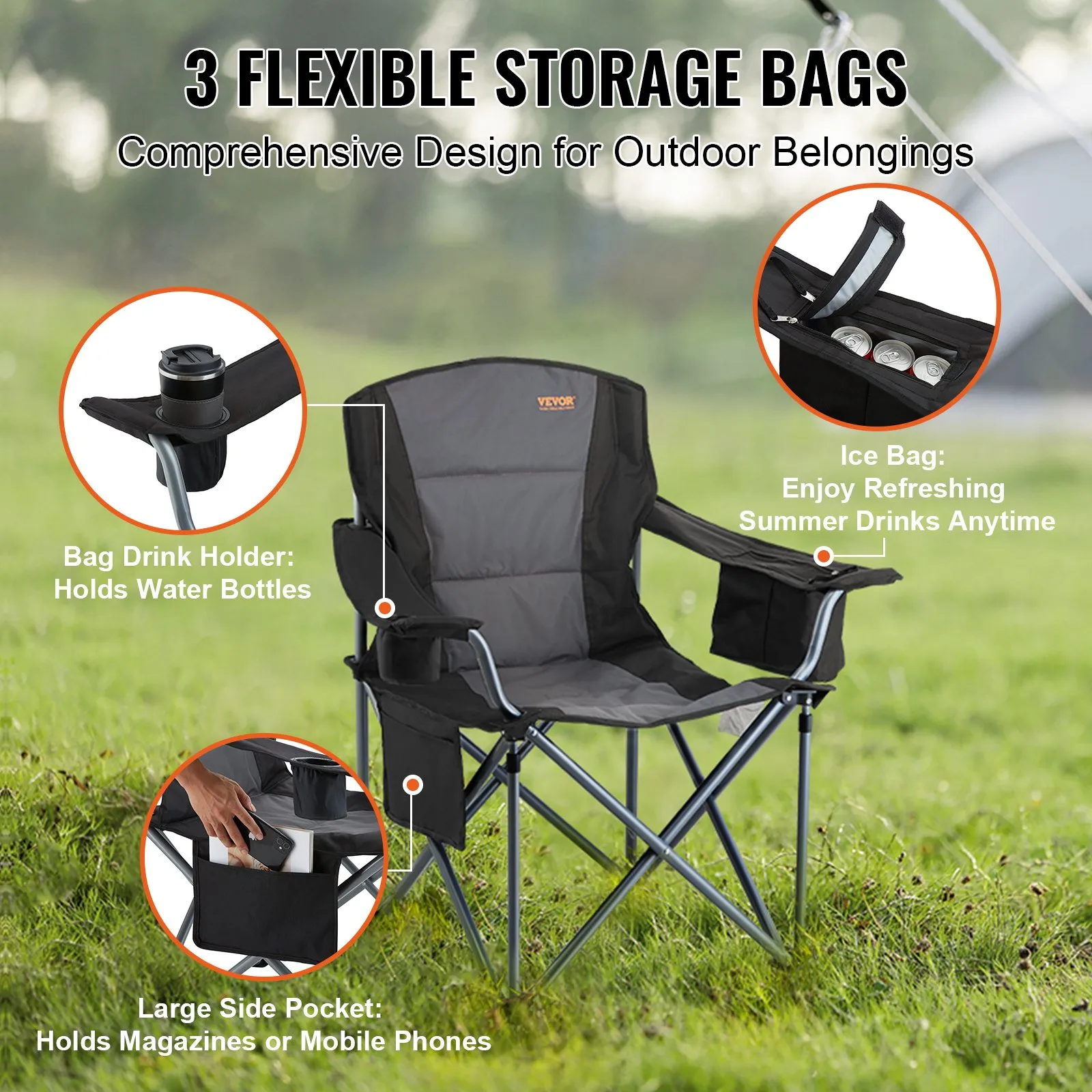 VEVOR Camping Folding Chair for Adults - Portable Heavy Duty Outdoor Quad Lumbar Back Padded Arm Chairs with Side Pockets, Cup Holder and Cooler Bag for Beach, Lawn, Picnic, Fishing, Backpacking - Black