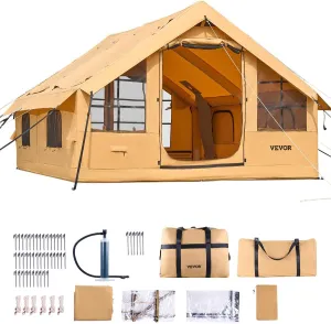 VEVOR Inflatable Tents for Camping, Easy Setup Blow up Tent with Hand Pump, 4 Season Glamping Tent with Stove Jack, Doors & Mesh Windows, Storage Bag Included for Easy Taking