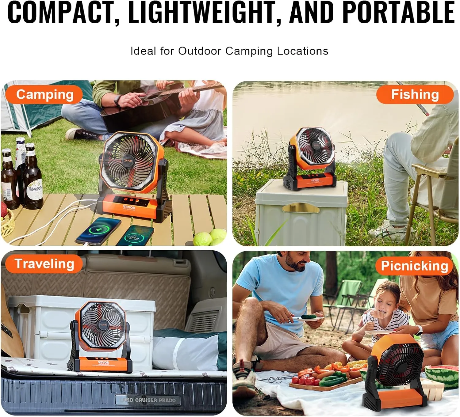 VEVOR Portable Fan Rechargeable 8 inch, Battery Powered Fan with LED Lantern, 4 Speeds Adjustable Portable Small Table Fan Personal, USB Battery Operated Fans for Travel Bedroom Home Camping Office