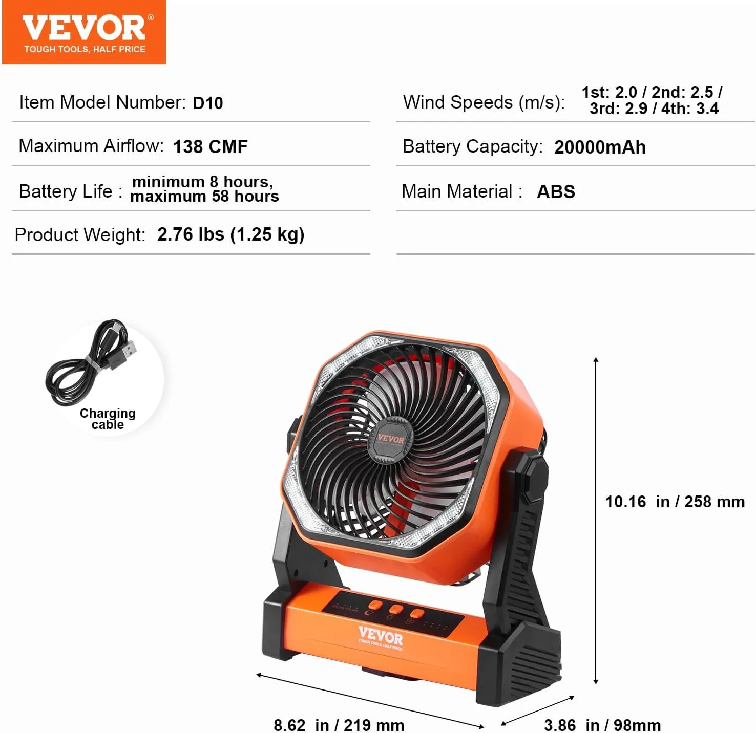 VEVOR Portable Fan Rechargeable 8 inch, Battery Powered Fan with LED Lantern, 4 Speeds Adjustable Portable Small Table Fan Personal, USB Battery Operated Fans for Travel Bedroom Home Camping Office