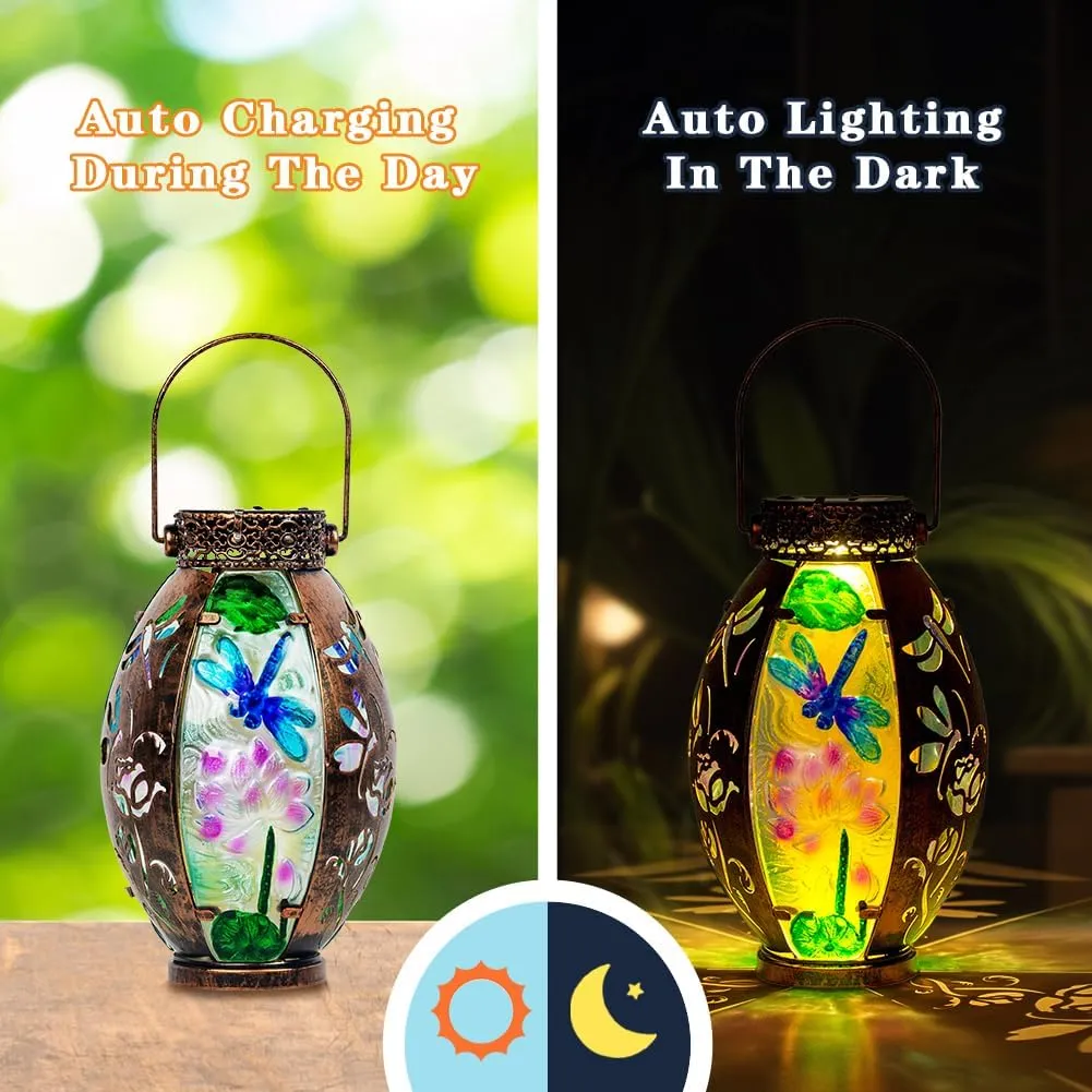 VEWOGARDEN 2 Pack Solar Lanterns Outdoor Waterproof Hanging Decorative Dragonfly Solar Lights for Patio Porch Garden Table Decor