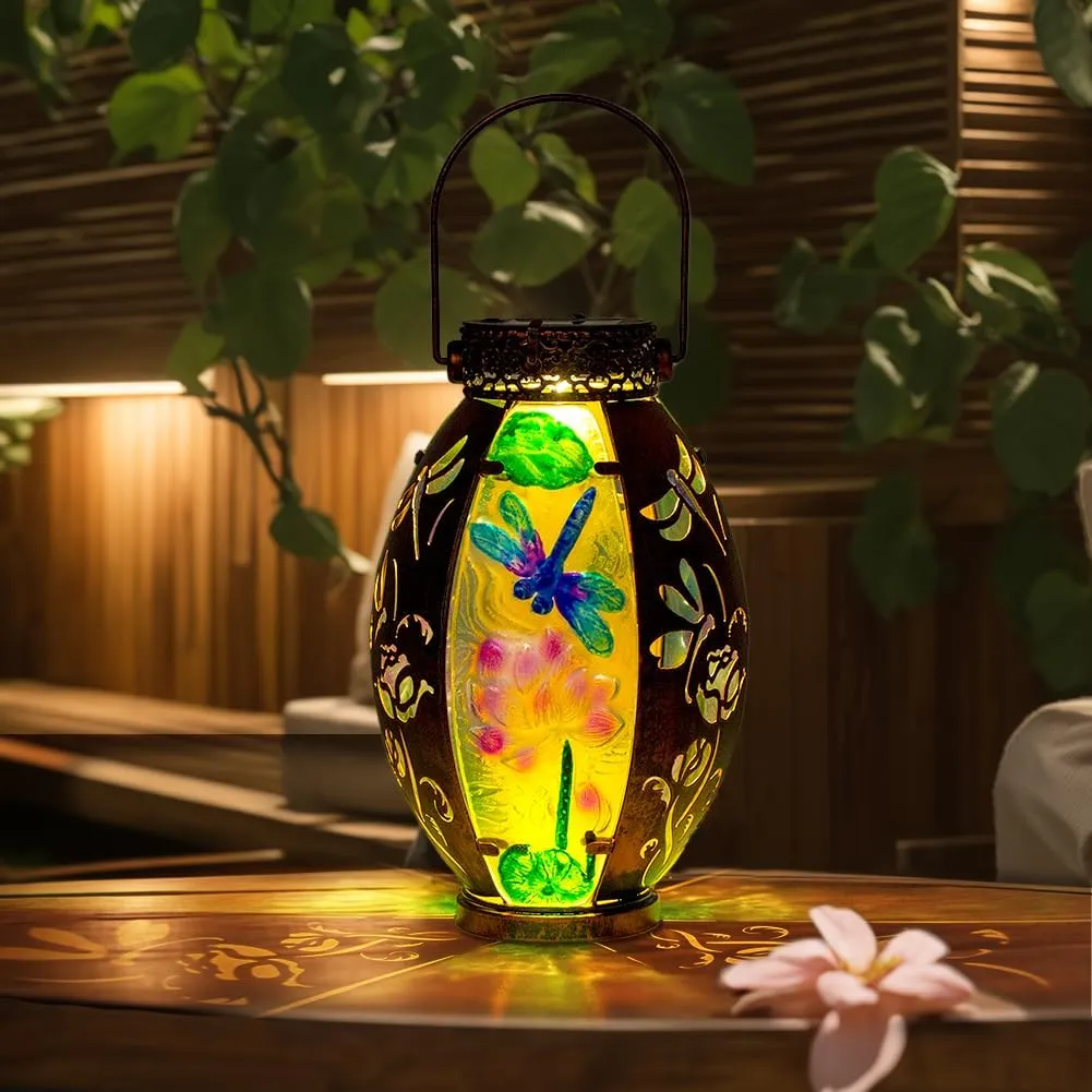 VEWOGARDEN 2 Pack Solar Lanterns Outdoor Waterproof Hanging Decorative Dragonfly Solar Lights for Patio Porch Garden Table Decor