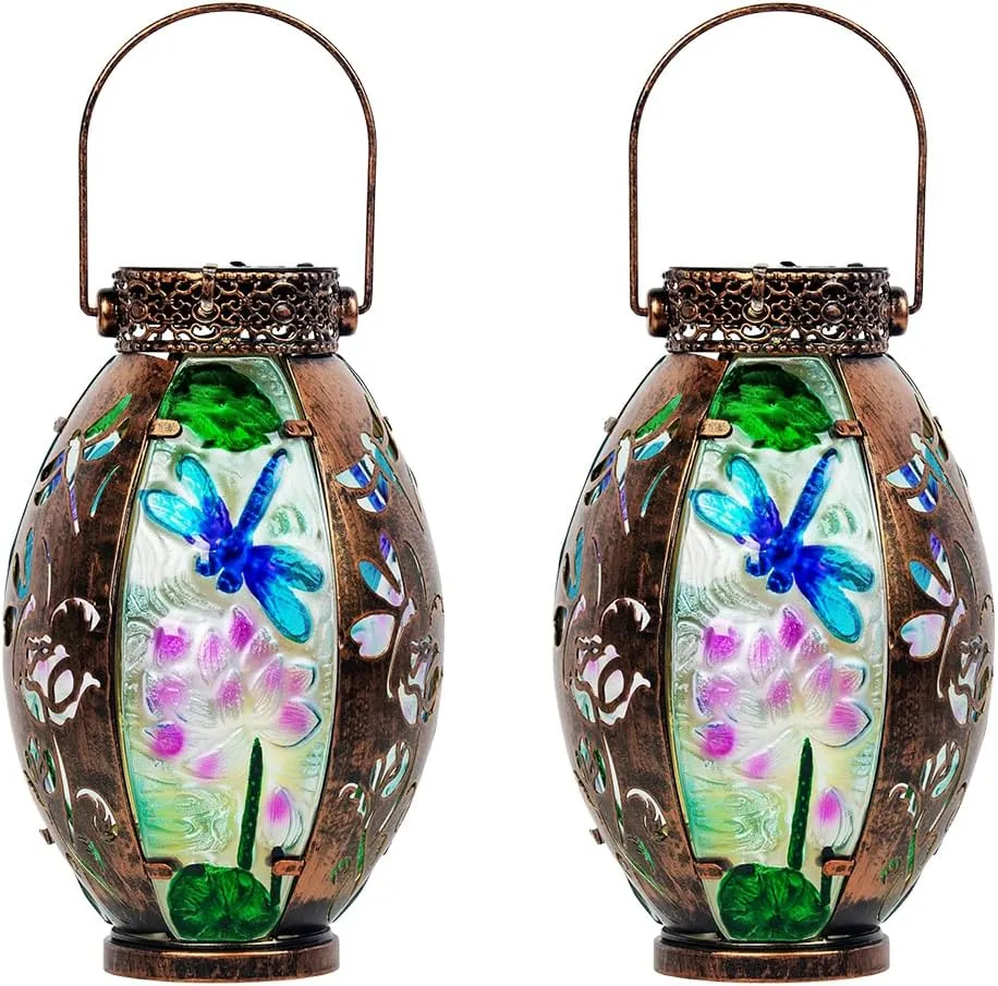VEWOGARDEN 2 Pack Solar Lanterns Outdoor Waterproof Hanging Decorative Dragonfly Solar Lights for Patio Porch Garden Table Decor