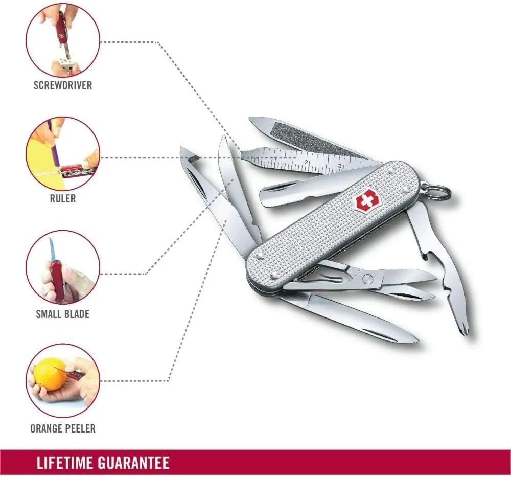 Victorinox Mini Champ Alox Swiss Army Knife, Compact, 15 Functions, Swiss Made Pocket Knife with Orange Peeler, Cuticle Pusher and Blade - Silver