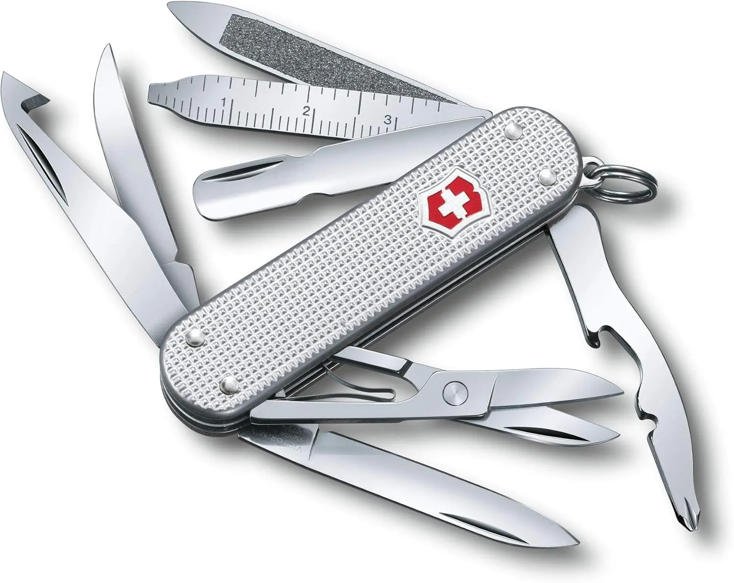 Victorinox Mini Champ Alox Swiss Army Knife, Compact, 15 Functions, Swiss Made Pocket Knife with Orange Peeler, Cuticle Pusher and Blade - Silver