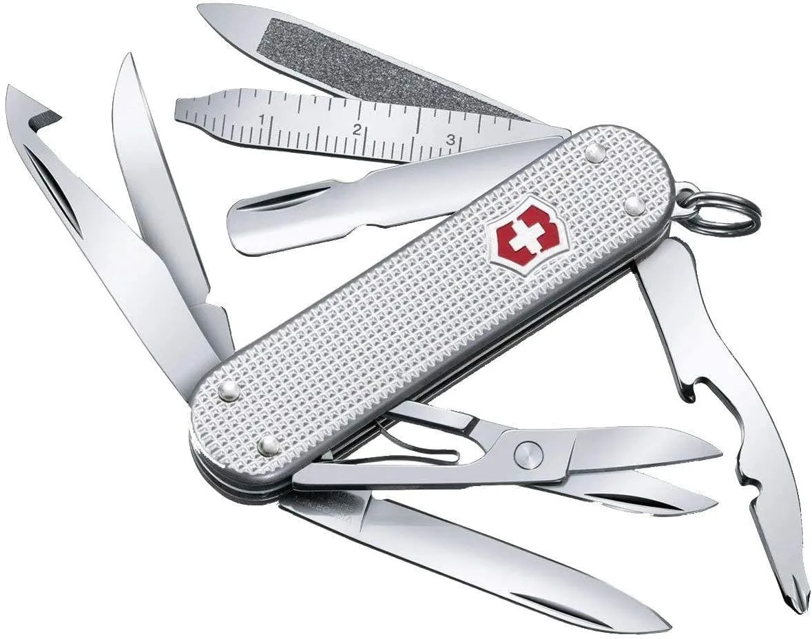 Victorinox Mini Champ Alox Swiss Army Knife, Compact, 15 Functions, Swiss Made Pocket Knife with Orange Peeler, Cuticle Pusher and Blade - Silver