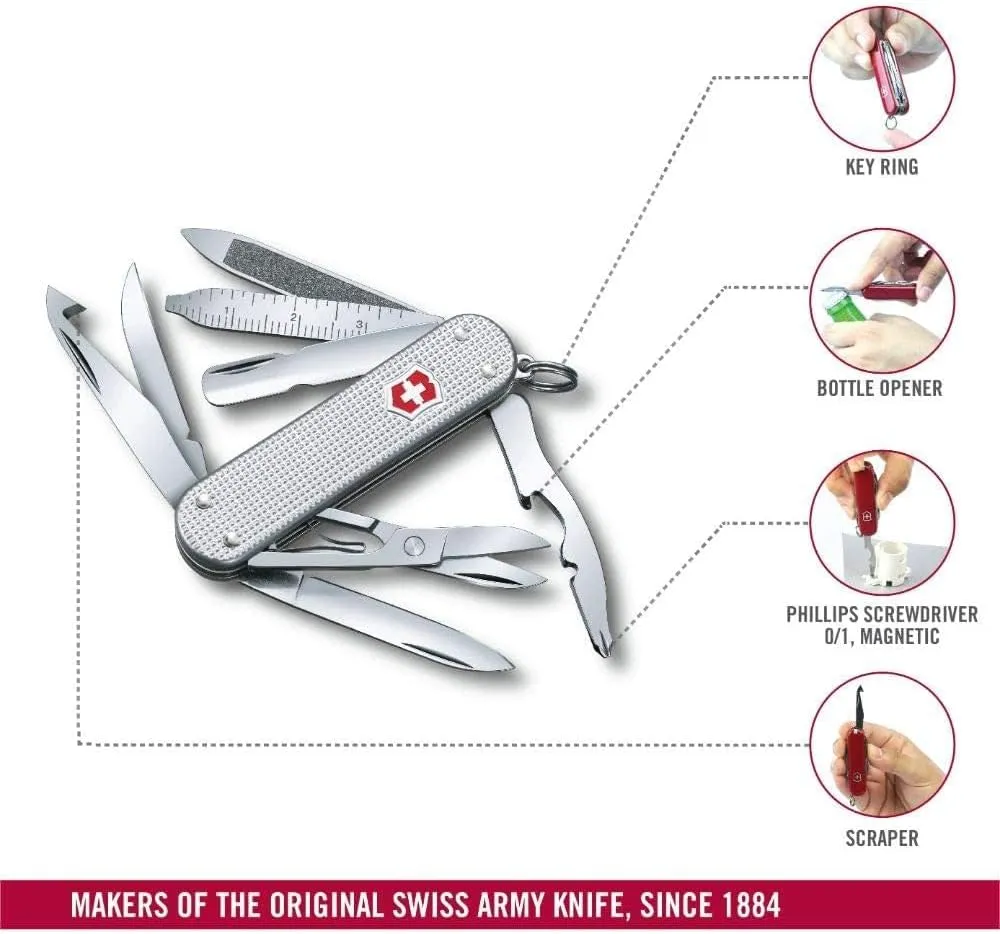 Victorinox Mini Champ Alox Swiss Army Knife, Compact, 15 Functions, Swiss Made Pocket Knife with Orange Peeler, Cuticle Pusher and Blade - Silver