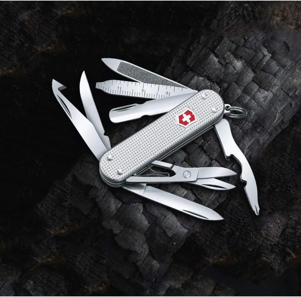 Victorinox Mini Champ Alox Swiss Army Knife, Compact, 15 Functions, Swiss Made Pocket Knife with Orange Peeler, Cuticle Pusher and Blade - Silver