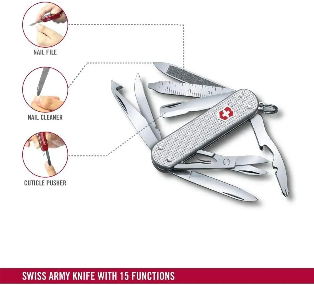 Victorinox Mini Champ Alox Swiss Army Knife, Compact, 15 Functions, Swiss Made Pocket Knife with Orange Peeler, Cuticle Pusher and Blade - Silver