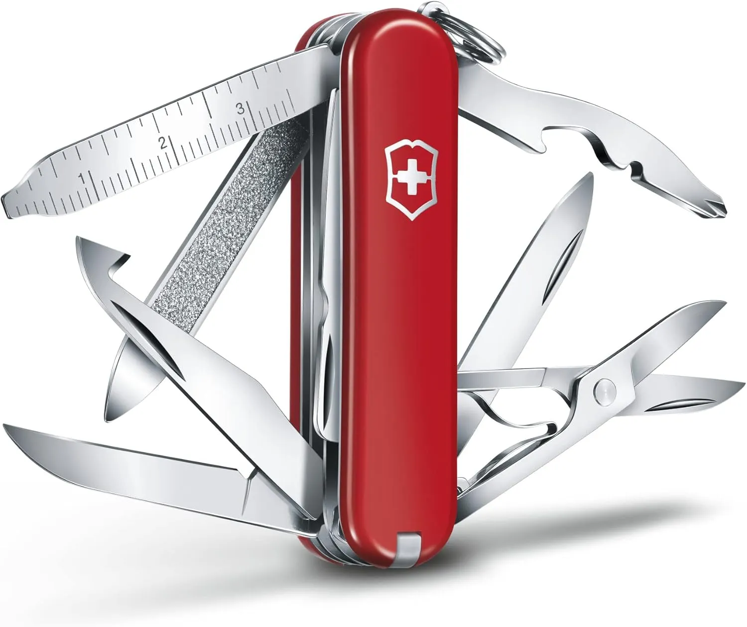 Victorinox Mini Champ Swiss Army Knife, Compact, 18 Functions, Swiss Made Pocket Knife with Orange Peeler, Cuticle Pusher and Small Blade - Red