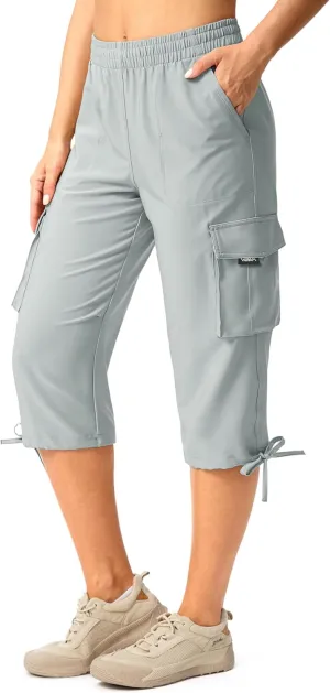 Viodia Cargo Capris for Women Lightweight Hiking Pants Stretch Elastic Waist Capri with Pockets for Summer Travel