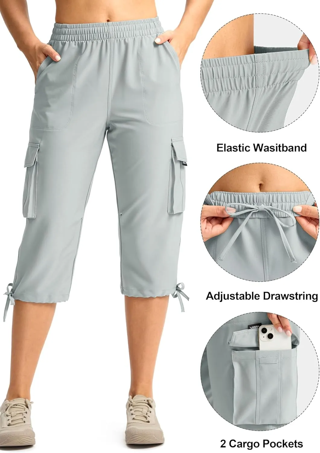Viodia Cargo Capris for Women Lightweight Hiking Pants Stretch Elastic Waist Capri with Pockets for Summer Travel