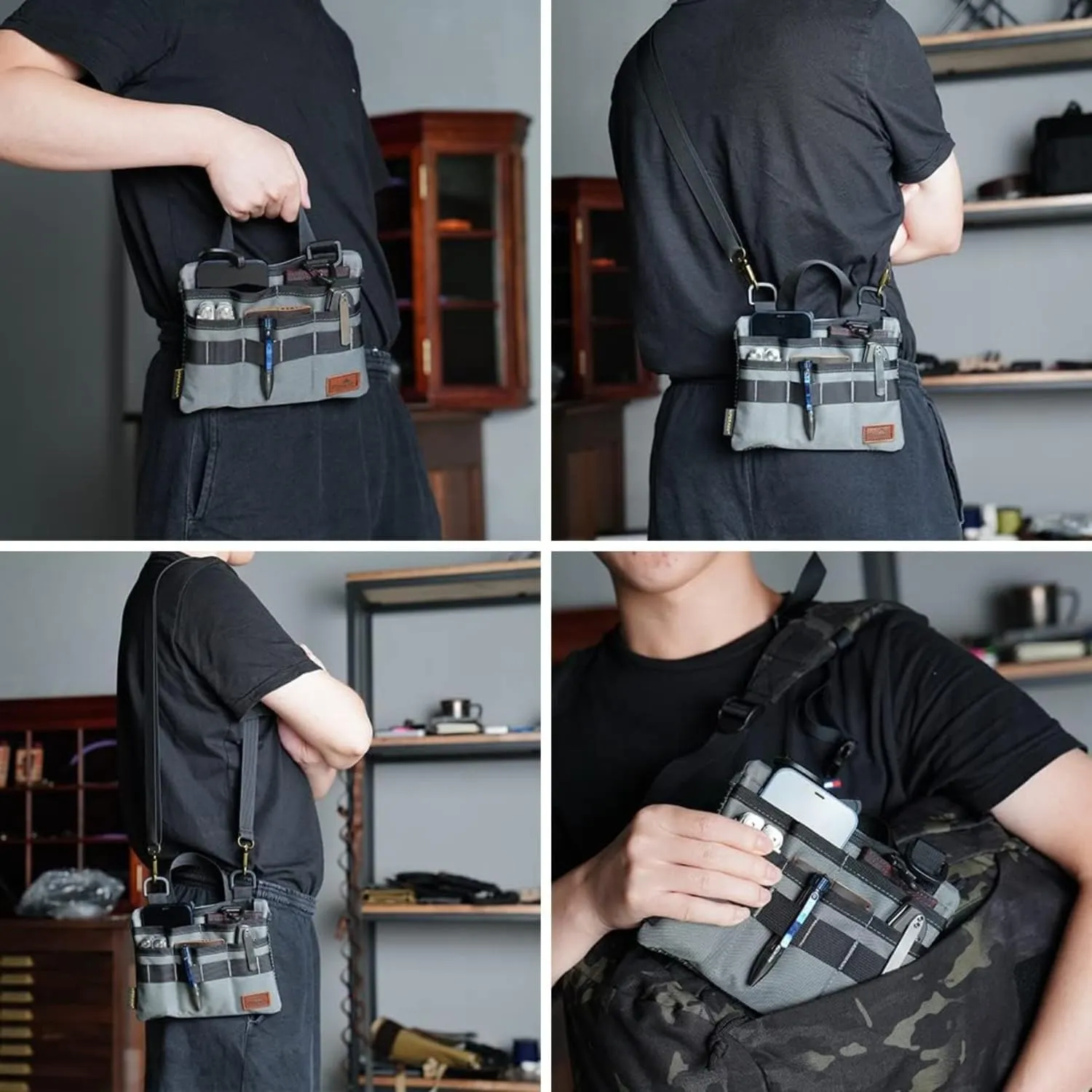 VIPERADE VE5 Slim EDC Pouch with 7 Pockets, Mens Pocket Organizer Multitool Pouch, Mini Crossbody Bag Messenger Shoulder Bag for Men (with Strap)