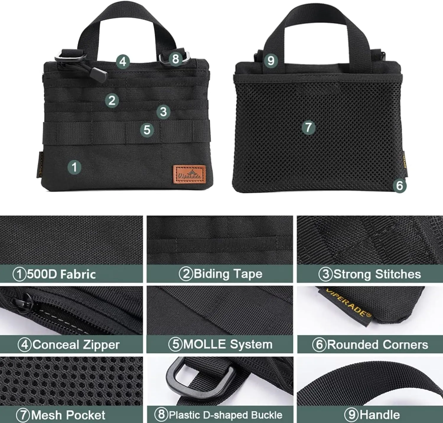 VIPERADE VE5 Slim EDC Pouch with 7 Pockets, Mens Pocket Organizer Multitool Pouch, Mini Crossbody Messenger Bag (No Strap)