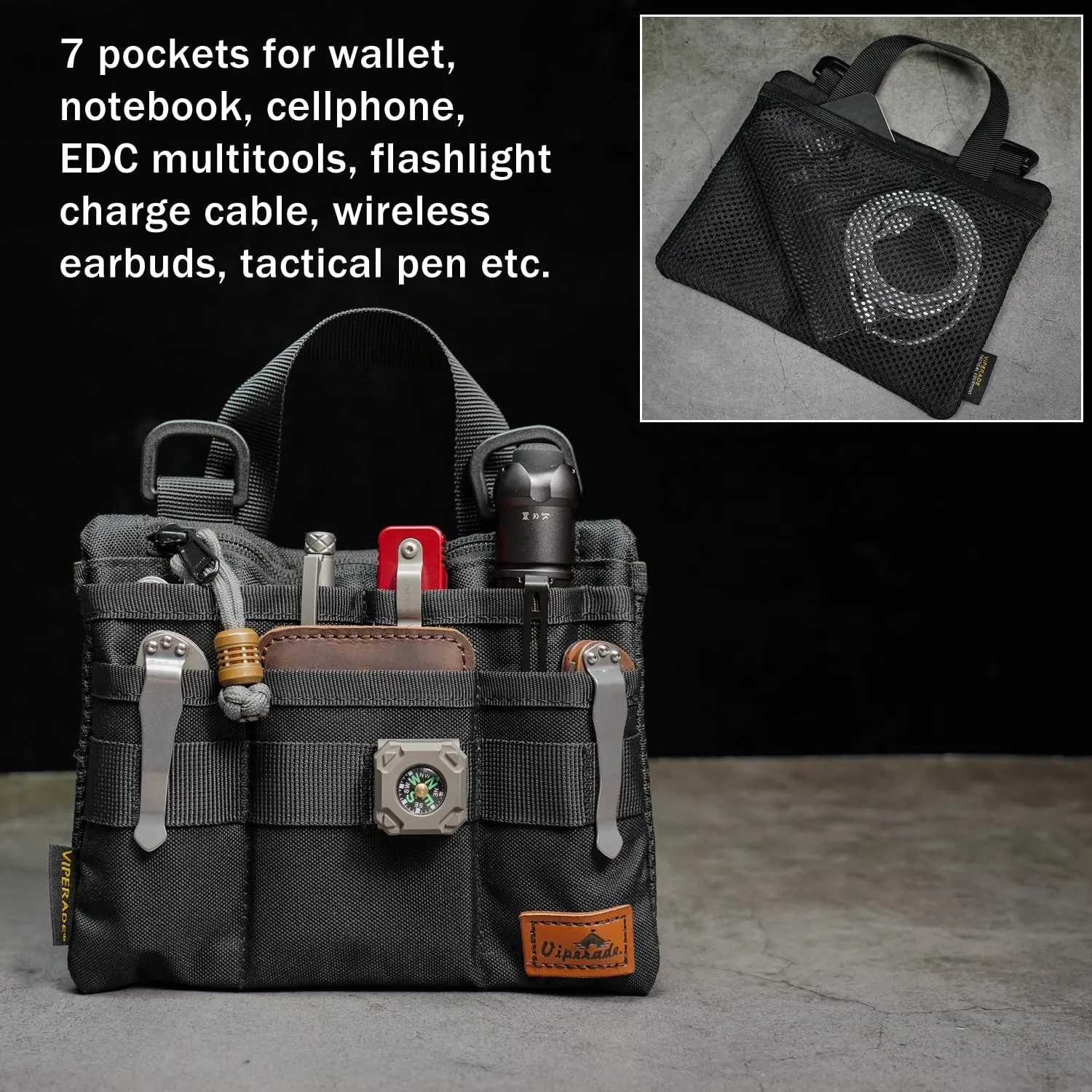 VIPERADE VE5 Slim EDC Pouch with 7 Pockets, Mens Pocket Organizer Multitool Pouch, Mini Crossbody Messenger Bag (No Strap)