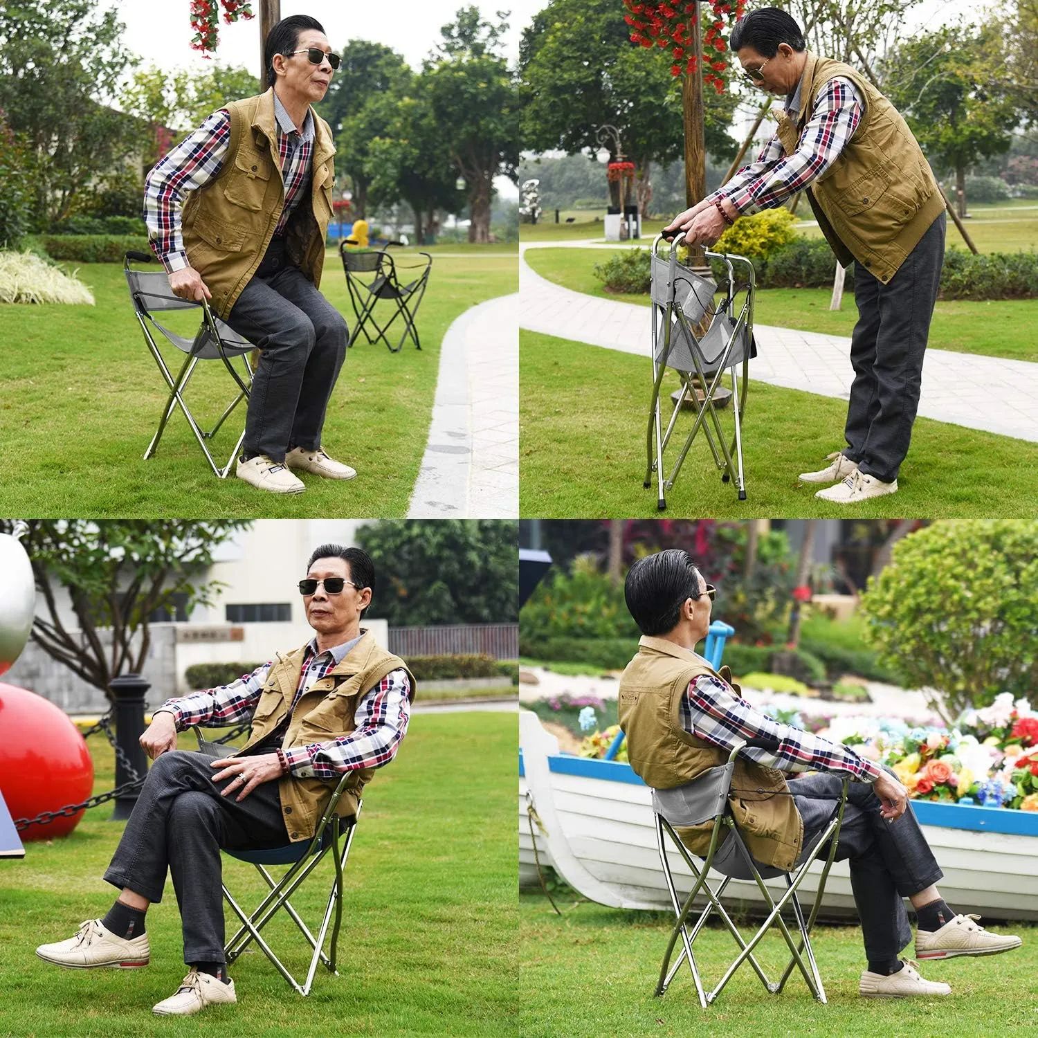 Walking Stick Chair Seat - Folding Camping Cane Portable Stool Heavy Duty Aids for Seniors (L Size Grey)