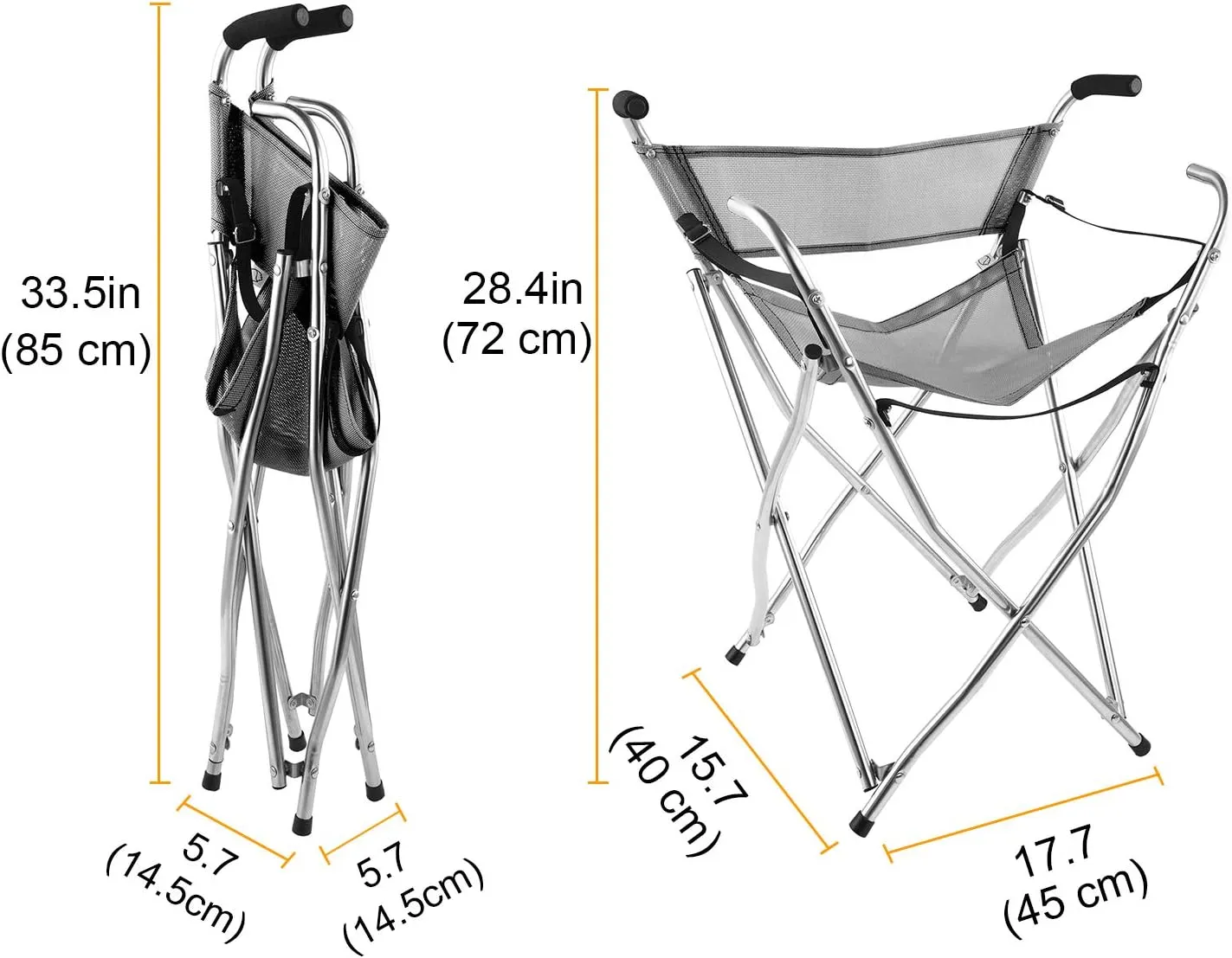Walking Stick Chair Seat - Folding Camping Cane Portable Stool Heavy Duty Aids for Seniors (L Size Grey)