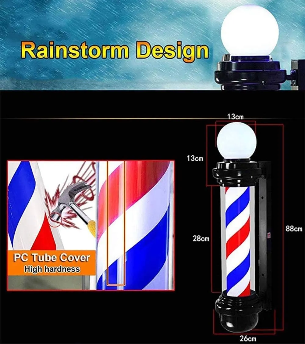 Wall Lamps Barber Pole Salon Light 88cm Traditional Barber Shop Pole,Classic Red White Blue Illuminating and Rotating Stripes, Outdoor Waterproof Wall Lights Hairdressing Barber Shop Pole Lamp
