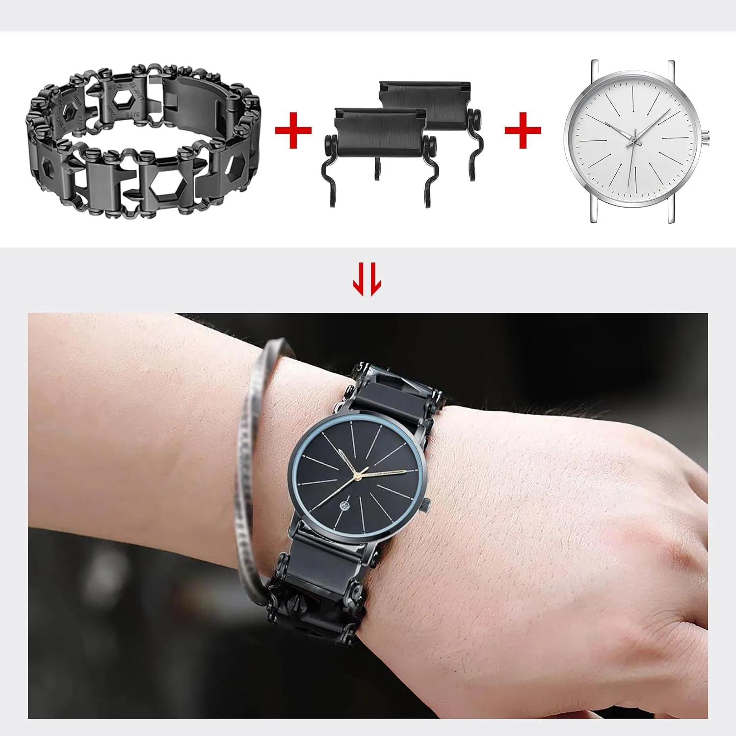Watch Adapter Compatible with LEATHERMAN TREAD Multitool Bracelet Compatible with 22 mm Lug Width Watch, Made of Precision Machined Stainless Steel (22mm, Black)