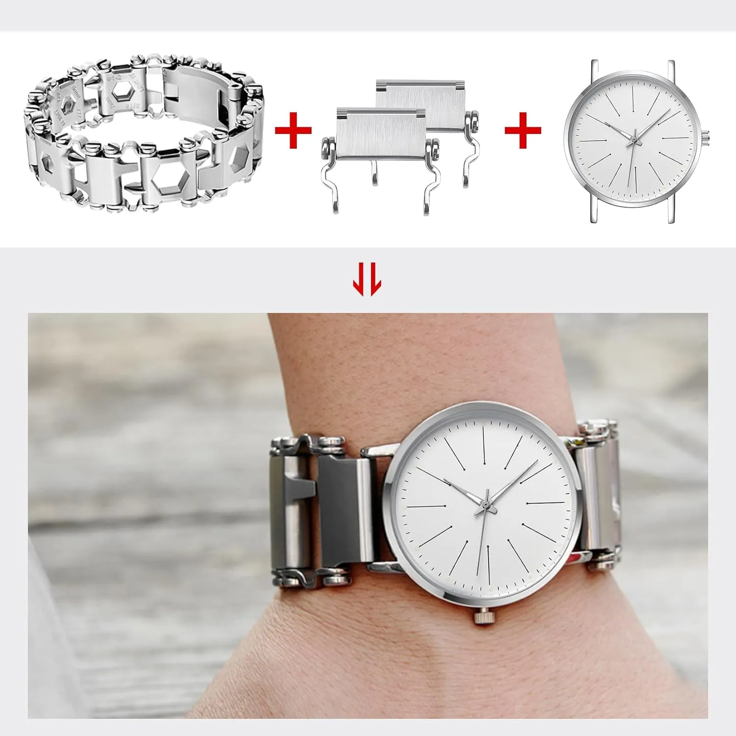 Watch Adapter Compatible with LEATHERMAN TREAD Multitool Bracelet Compatible with 22 mm Lug Width Watch, Made of Precision Machined Stainless Steel (22mm, Silver)