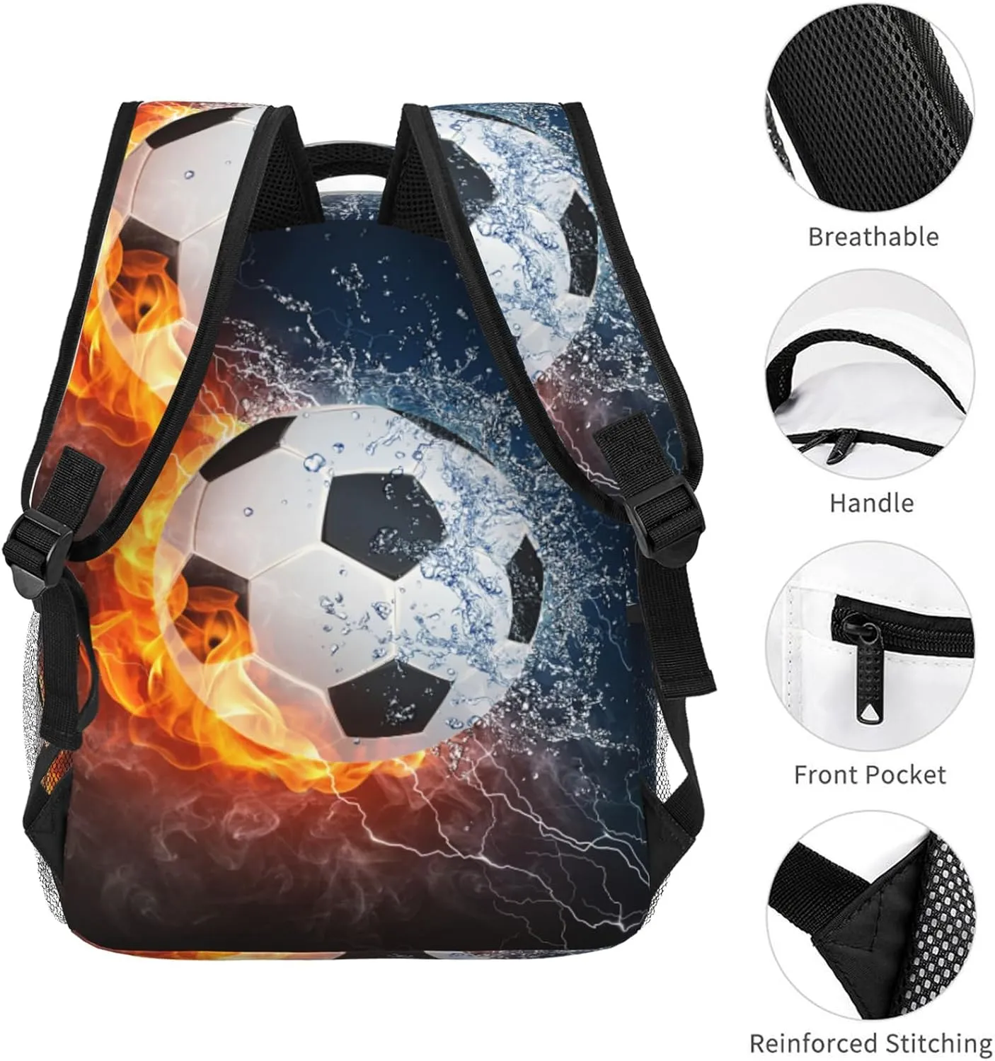 Water Fire Soccer Boys Backpack Elementary Middle School Backpack Bookbag for Girls Boys Kids Teen Back to School Book Bag Gifts for 2nd 3rd 4th 5th 6th Grade Students