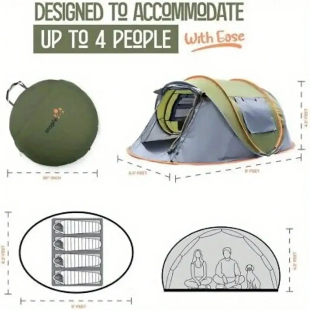 Waterproof Camping Tent - 4-Person Easy Pop Up Tent with 2 Doors