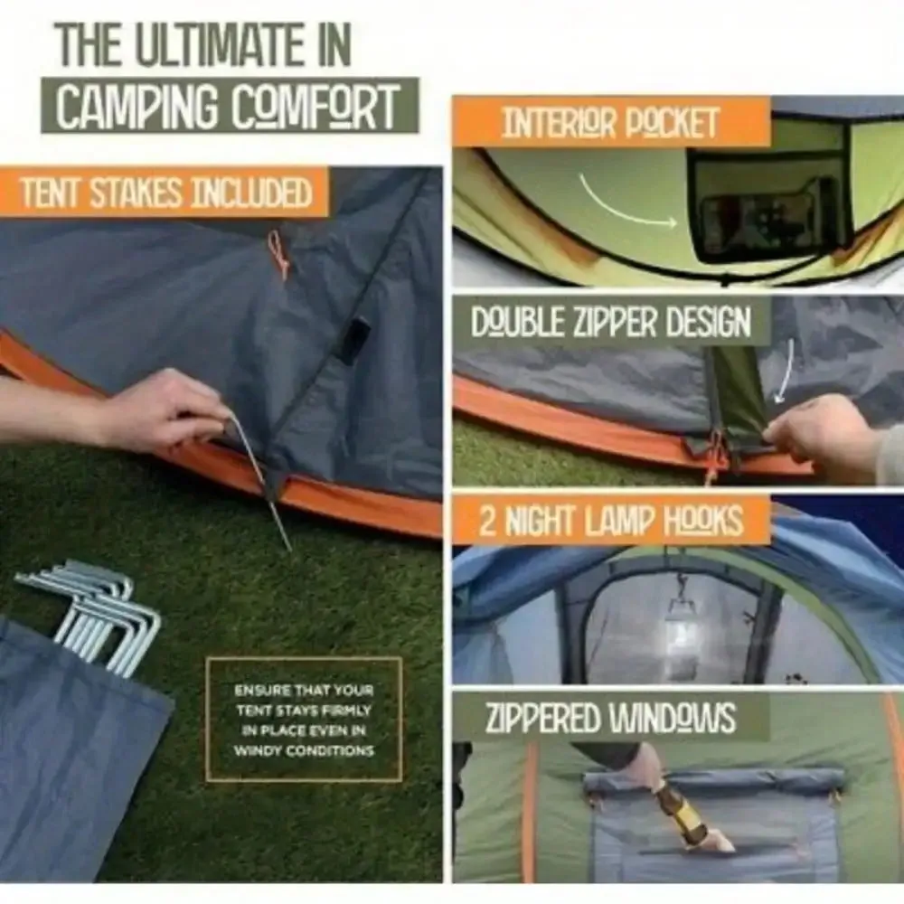 Waterproof Camping Tent - 4-Person Easy Pop Up Tent with 2 Doors