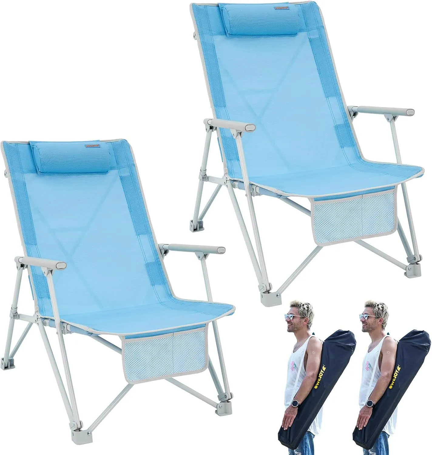#WEJOY Folding 2 Pack Beach Chair for Adults, Oversized Heavy Duty Camping Chairs Portable High Back Lawn Chairs with Armrest, Headrest, Pocket Tall Beach Chairs for Outdoor Camp Travel