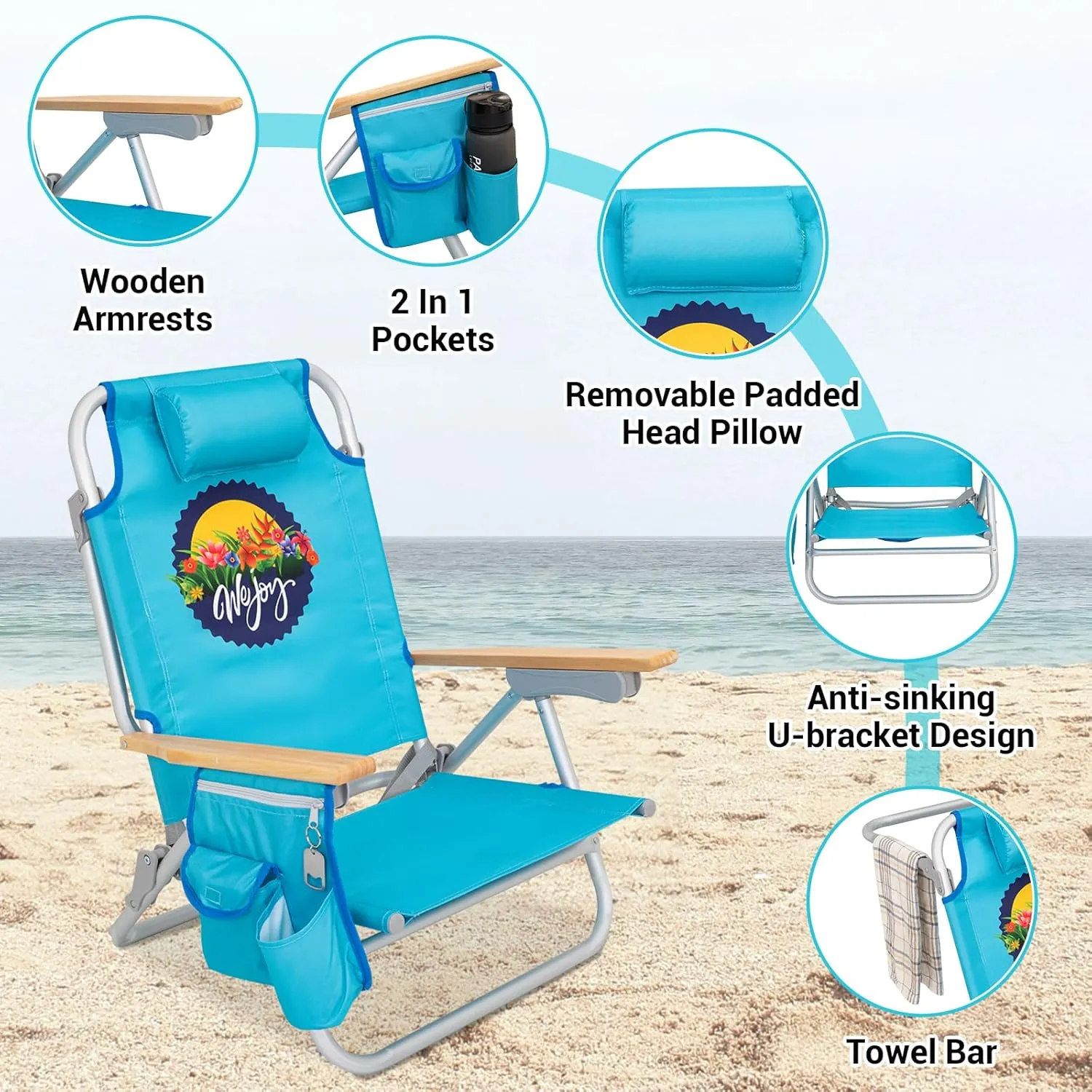 #WEJOY Folding Beach Chair for Adults, 4-Position Aluminum Lightweight Beach Chair, Low Sands Chairs with Shoulder Strap, Cup Holder and Padded Headrest, Supports 265lbs for Lawn